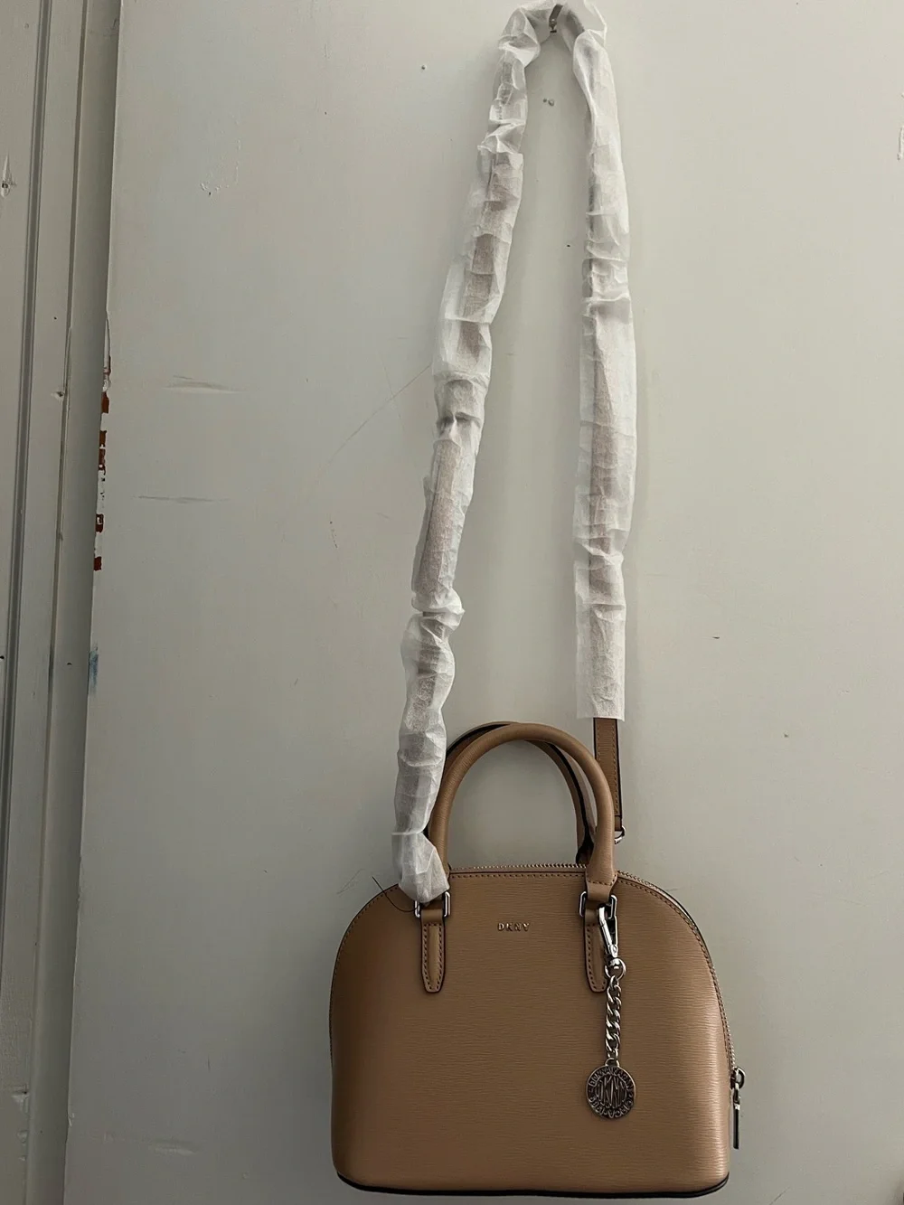 DKNY Beige Dome Satchel with Logo Charm
